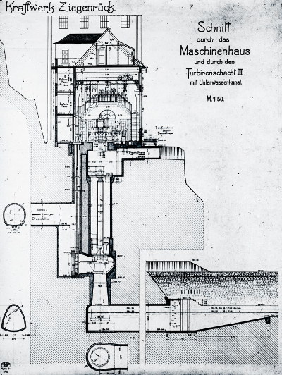 Schnittzeichnung vom Wasserkraftwerk in Ziegenrück von 1922, auch als Conrod-Kraftwerk bekannt. Zu sehen ist ein das Maschinenhaus, der Turbinenschacht 3 und der Unterwasserkanal im Maßstab 1:50